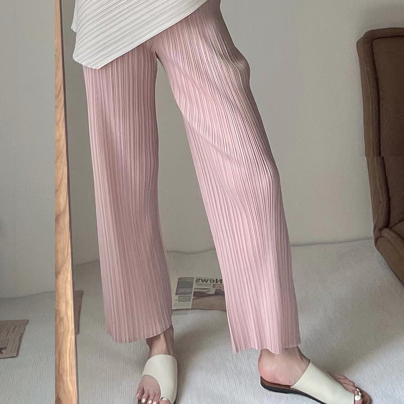 2025 wide-leg pants women's summer new high-waisted versatile elastic waist loose commuter straight pants pleated casual pants