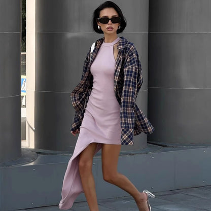 XAKXX Sexy pink knitted neck halter design slim dress New autumn and winter new  sleeveless long dress