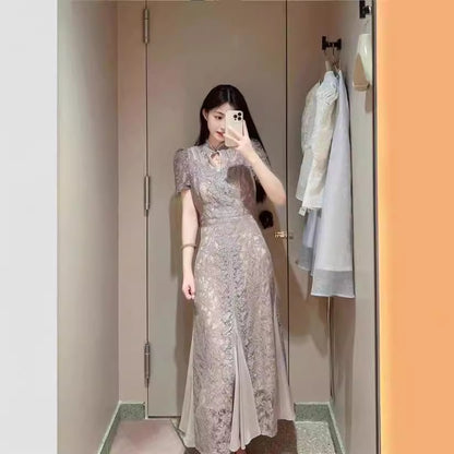 [Golden Girl] 2025 Summer New Chinese Style Cheongsam Style Temperament Slimming Lace Dress 23215