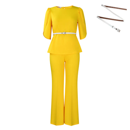 2025 D558 Popular trade women's clothing 2025 new fashion temperament elegant solid color top wide leg pants two-piece set 2025 suit