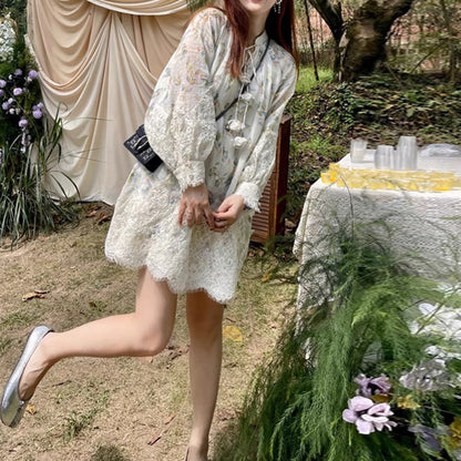 2025 Fish bone wide lace collage Quan ramie plant printing and dyeing dress loose doll short skirt