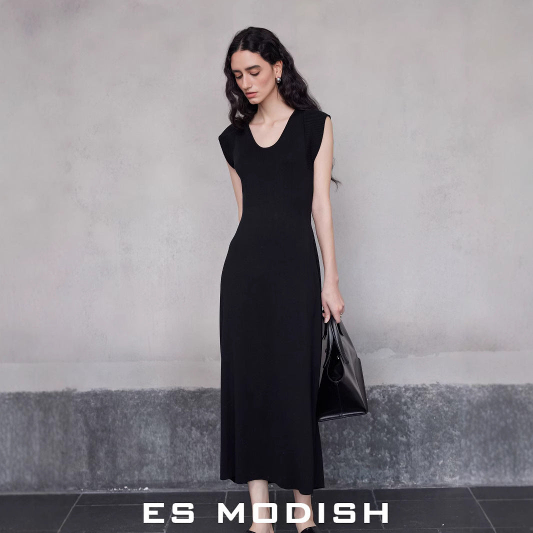 2025 ES MODISH Spring New Product Big Brand Feeling Inner U-Neck Sleeveless Solid Color Dress  Tencel Waist Long Dress