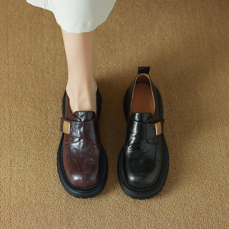 2025 Sheepskin version~ popular new retro British round head platform loafers hand-scratched sheepskin one-pedal single shoes women