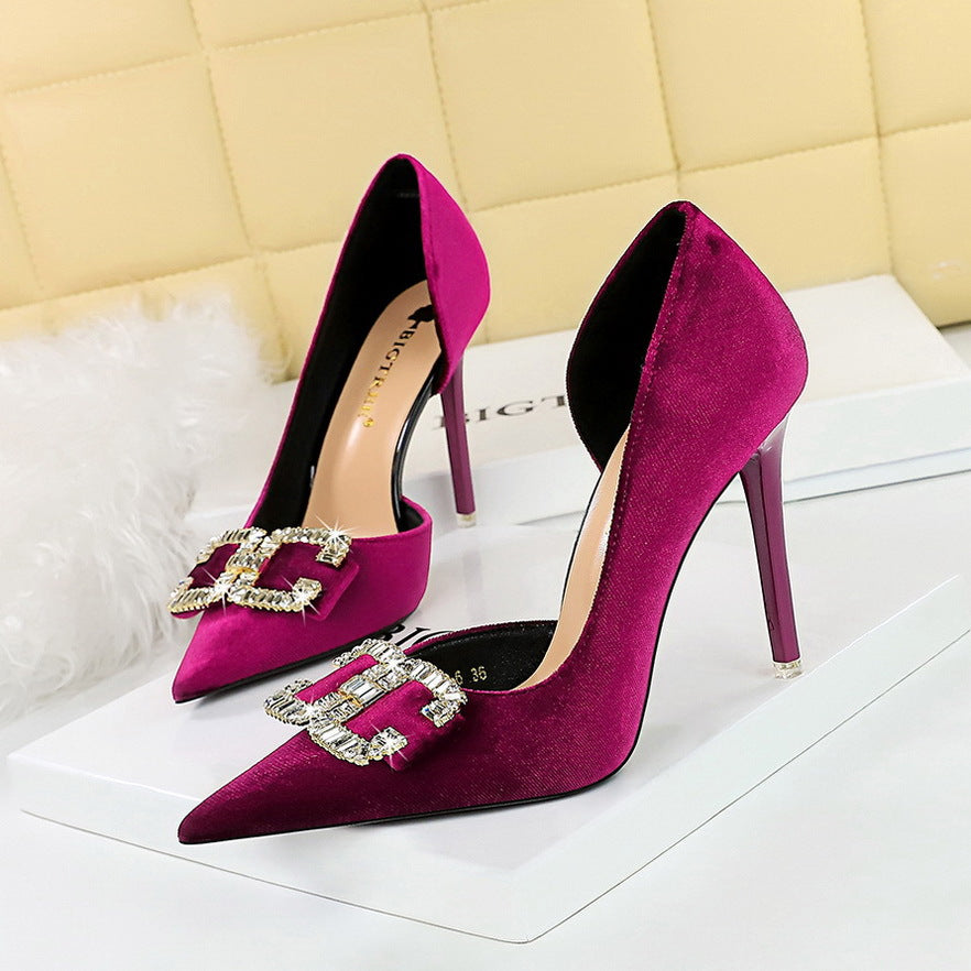 2025 1363-K78  high heels thin heel shallow mouth pointed side hollow thickened suede rhinestone buckle bow single shoe