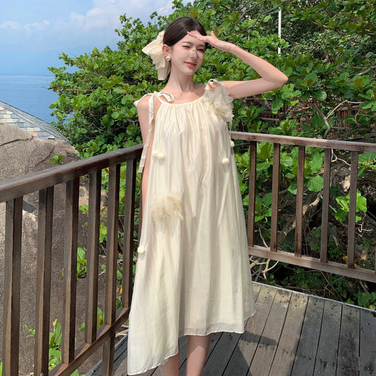 2025 Three-dimensional flower design sense niche suspender backless dress romantic seaside vacation photo fairy temperament long dress