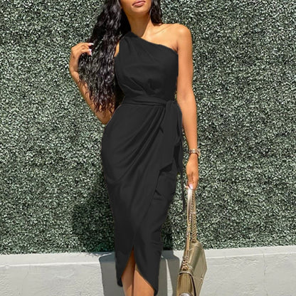 xakxx Asymmetric Split-Side One-Shoulder Midi Dresses