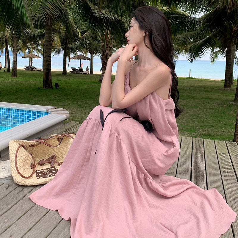 2025 Sanya travel vacation wind sweet beach suspender dress summer new loose and thin three-dimensional flower dress