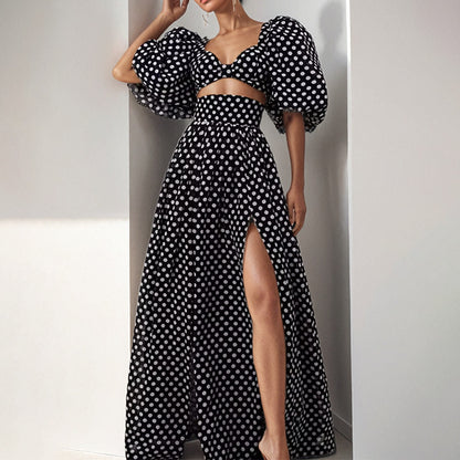 2025 2025 women's clothing 2025 spring new temperament bubble sleeve polka dot top slit skirt fashion suit women