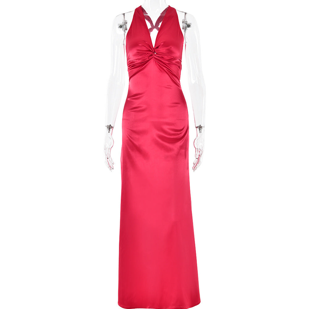 2025 New ins hot sales of new models, fashionable and sexy V-neck strap backless dress slim satin dress