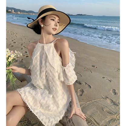 2025 Shoulder skipping fishing dating dress women's summer neck off the shoulder white chiffon short skirt small seaside vacation style