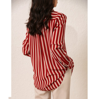 2025 Striped silk shirt  summer new temperament cardigan mulberry silk long-sleeved top, high-end Hangzhou women's clothing