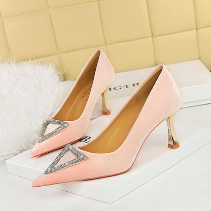 2025 1818-K36  style banquet high heels thickened suede shallow mouth pointed triangle metal rhinestone buckle single shoes