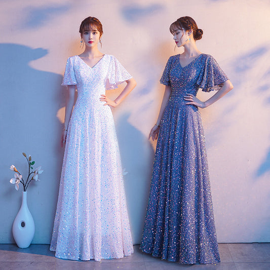 2025 Big choir performance costume popular new red song performance competition costume host thin evening dress woman