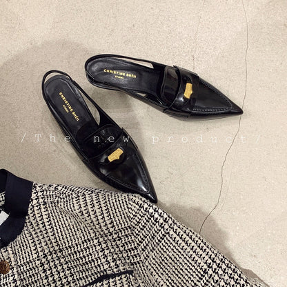 2025 Cowhide version~ Su Yinyin same shoes spring and autumn small gold coins genuine leather pointed tip thin heel empty sandals women's ol commuter shoes