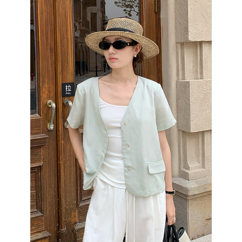 2025  Tencel linen premium shirt 2025 summer Korean version simple short-sleeved blazer T5029X