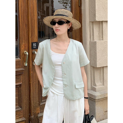 2025  Tencel linen premium shirt 2025 summer Korean version simple short-sleeved blazer T5029X