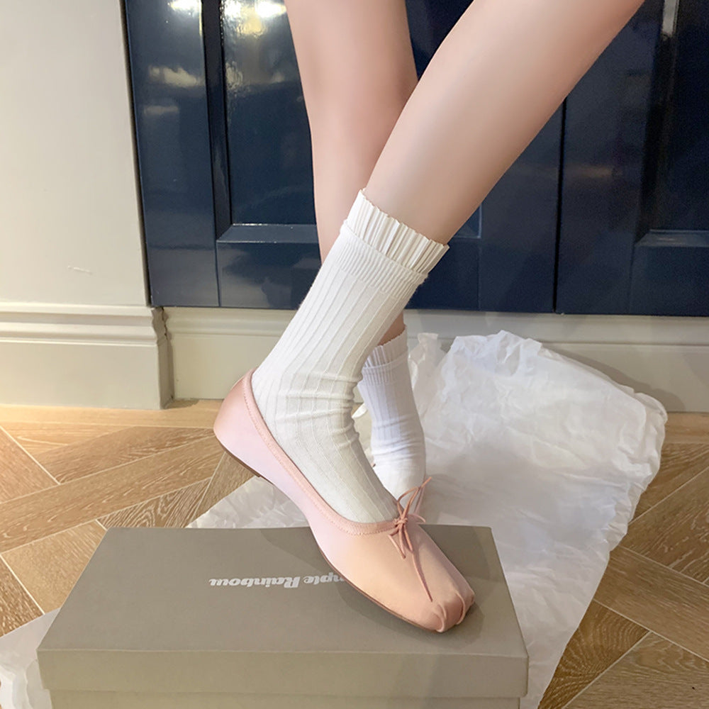 2025 Sheepskin version~ Su Yinyin's same square head  temperament bow commuting shallow mouth ballet single shoes women's flat shoes