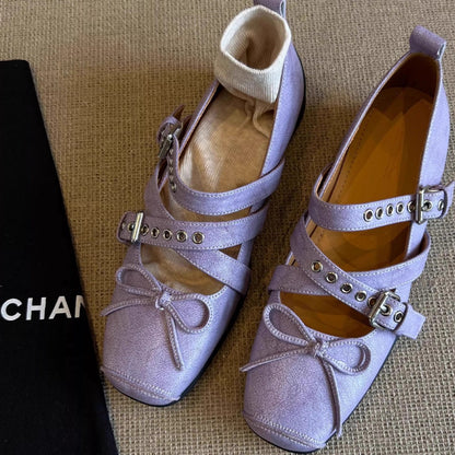 2025 Sheepskin version~  retro ballet style square head Mary Jane shoes women's cross buckle leather sports small leather shoes single shoes