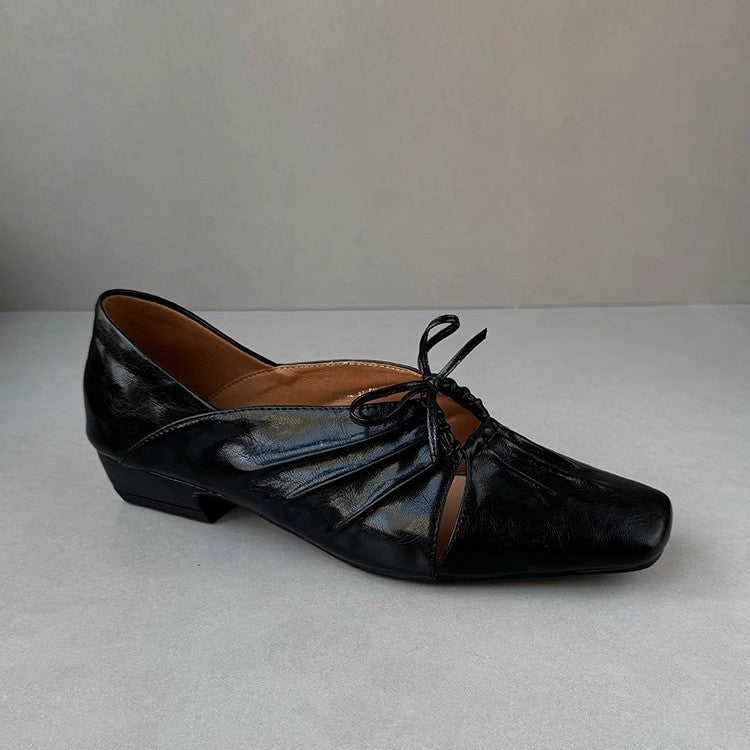 2025 Sheepskin version~ niche design pleated hollow square head Mary Jane shoes  leather bow flat shoes