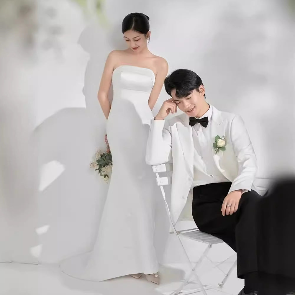 2025 tube top light wedding dress bridal travel photography simple  high-end satin door yarn fishtail dress temperament small trailing