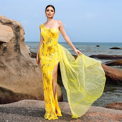 2025 sleeveless temperament single shoulder sexy slim long sequined banquet evening dress bridesmaid dress women
