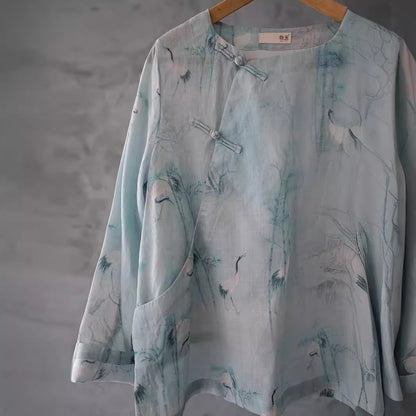 19 Summer Ramie Hanfu Zen Art Tea Clothing National Style Top Shirt Vintage Printed Zen Clothing S1946