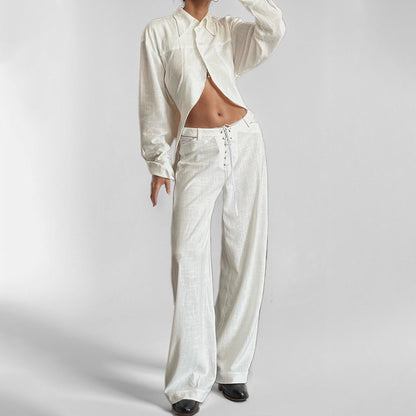 2025 2025 spring new 2025 women's clothing temperament casual shirt collar open navel hollow lace-up straight pants fashion suit