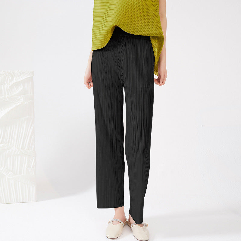2025 wide-leg pants women's summer new high-waisted versatile elastic waist loose commuter straight pants pleated casual pants