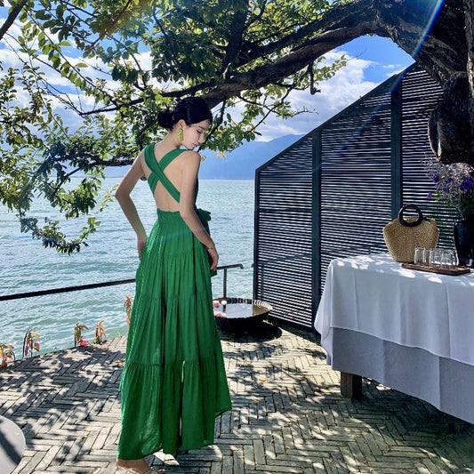 2025 pure desire sexy backless strap neck dress summer high temperament vacation green split long dress women