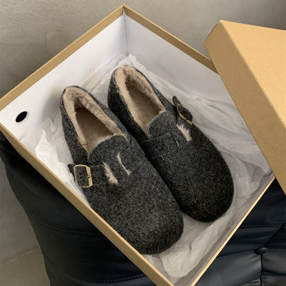 2025 Birkenstock shoes women's autumn and winter velvet popular new Korean version  retro flat-bottomed one-pedal thermal cotton shoes