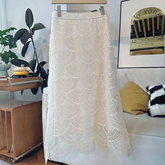 2025 Light luxury temperament fashion new embroidery curved sequins high waist medium and long skirt heavy industry
