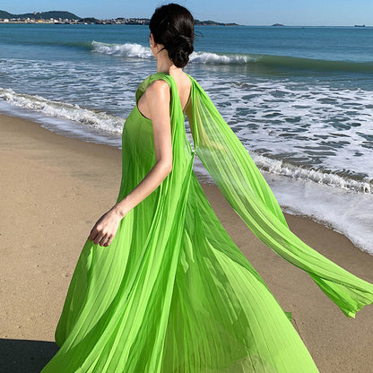 2025 romantic streamer neck skirt green pleated pendulum skirt seaside vacation photo beach skirt