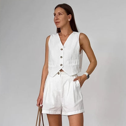 XAKXX 2025 spring and summer cotton and linen new sleeveless vest vest vest set 2025 cross-border wholesale fashion solid color two-piece set women