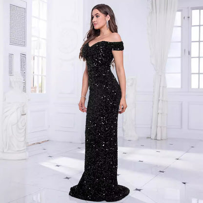 XAKXX 2025 popular new spring and summer banquet design single shoulder sequins gold heavy industry evening dress women's fishtail dress dress