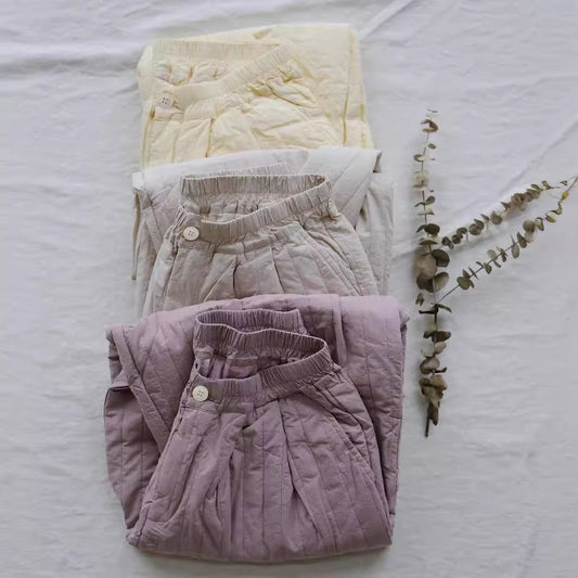 casual and literary thickened quilting cotton nine-point pants, clean and simple striped quilting cotton pants K22377