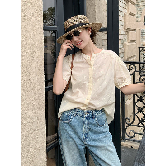 2025 [Guangzhou Six Meters] Lace Crew Neck Short Sleeve Shirt Women's 2025 Summer Daily Commuter Versatile Shirt 009AX