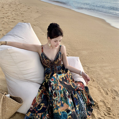 2025 Exotic suspender dress 2025 new retro chic printing design sense women's clothing seaside vacation dress