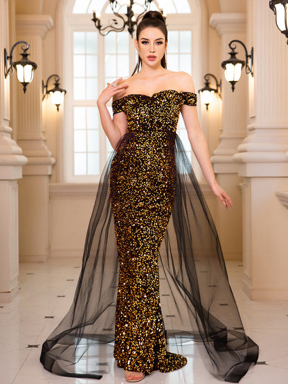 2025 sequined evening dress popular new autumn heavy industry fishtail long hosting banquet one-word shoulder annual meeting dress