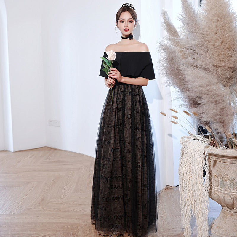 2025 Black evening dress women's light luxury temperament high sense super fairy one-word shoulder dress annual meeting party host performance