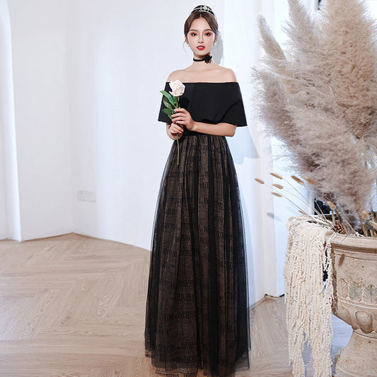 2025 Black evening dress women's light luxury temperament high sense super fairy one-word shoulder dress annual meeting party host performance