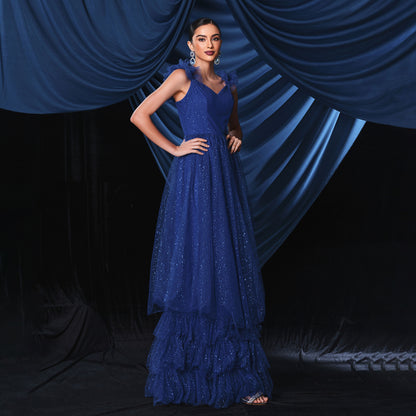 2025 sleeveless temperament suspender V-neck sexy long banquet evening dress bridesmaid mesh pendulum dress