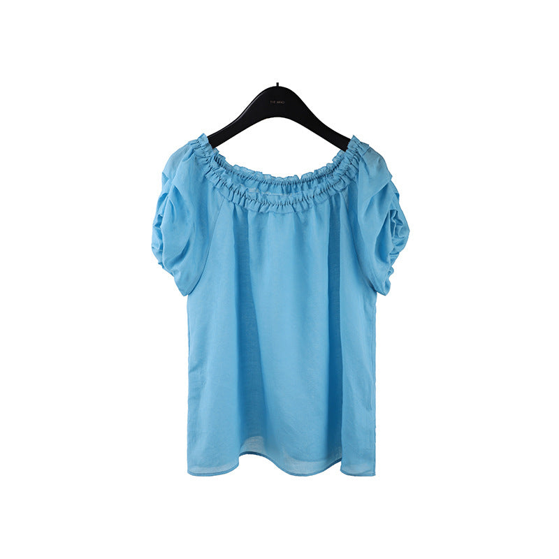 2025  Ramie Tencel Shoulder Short Sleeve Shirt 2025 Summer New Off-Shoulder Age Reduction Shirt Women's T5060X