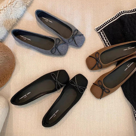 2025 Sheepskin version~ Su Yinyin has the same soft-soled retro flat-bottomed bow, shallow mouth flat-soled single shoes, female grandma shoes, commuting