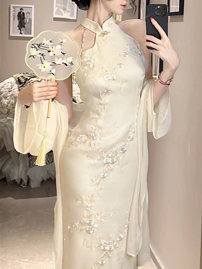 2025 Spot popular Chinese style cheongsam dress premium light luxury pearl slim pure desire shawl dress