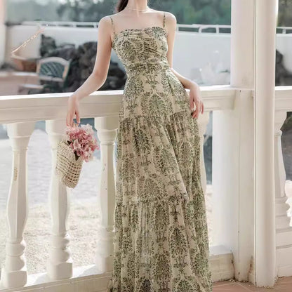 2025 Spot  retro floral print chiffon suspender slim seaside vacation beach dress premium dress
