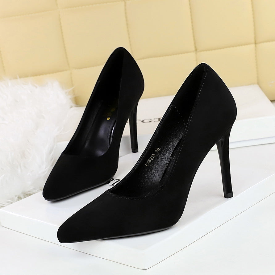 2025 8316 Korean version fashionable simple sexy nightclub high heels thin heel super high heel shallow mouth round head suede single shoes women's shoes