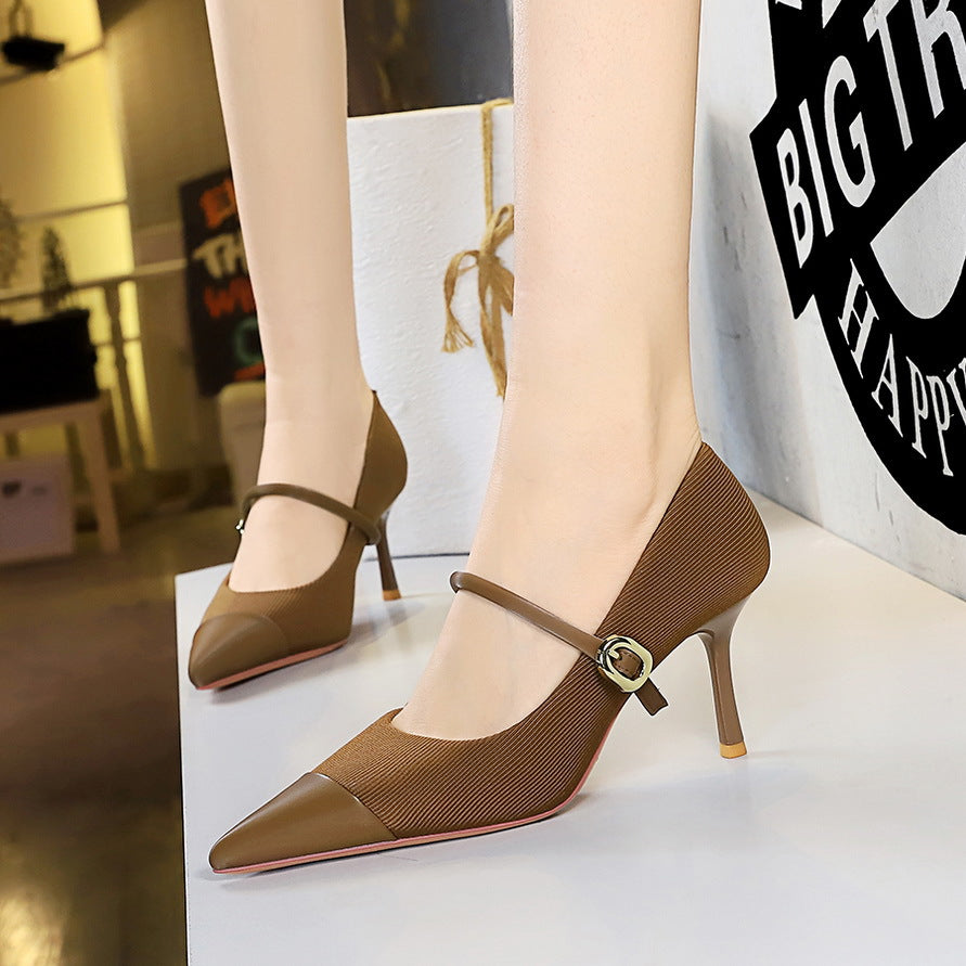 2025 9116-A3 banquet high heels thin heel shallow mouth pointed corduroy metal buckle one word with high heel single shoes women