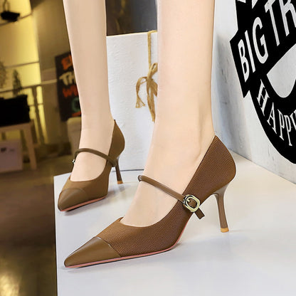 2025 9116-A3 banquet high heels thin heel shallow mouth pointed corduroy metal buckle one word with high heel single shoes women