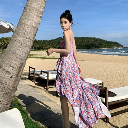 2025 sweet design irregular floral suspender skirt women's summer new temperament ruffle edge seaside dress