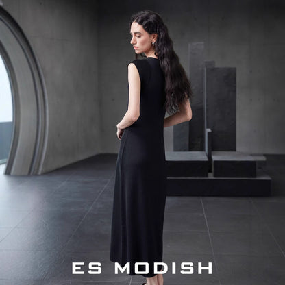 2025 ES MODISH Spring New Product Big Brand Feeling Inner U-Neck Sleeveless Solid Color Dress  Tencel Waist Long Dress